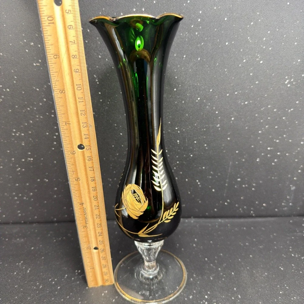 Vintage Emerald Green Glass Bud Vase Gold Rose Wheat Hand Painted Etched 10 Inch